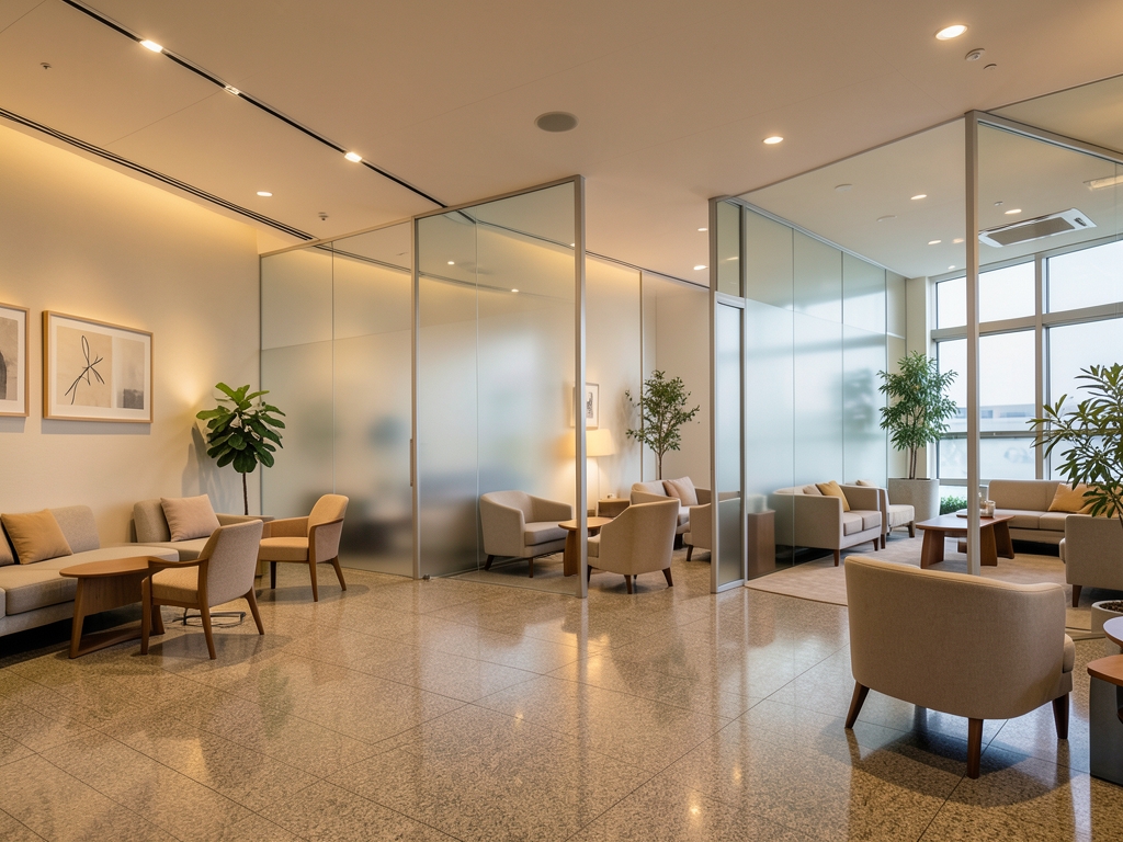 Serene airport lounge with minimalist Japanese architecture warm