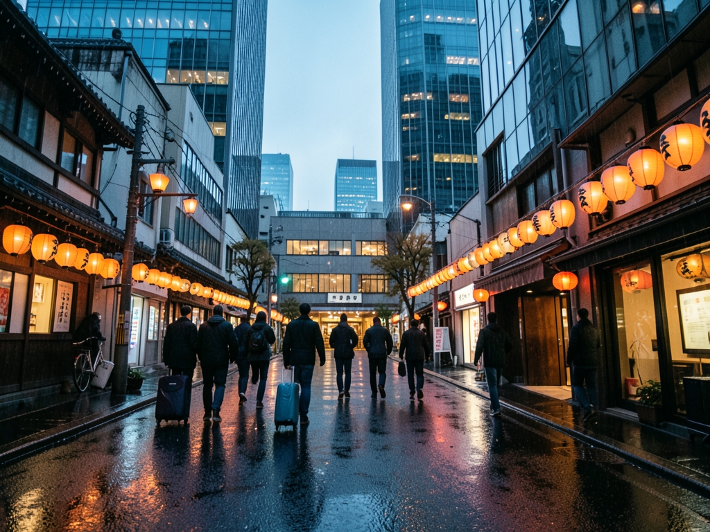 quiet Tokyo street dusk soft rain glowing lanterns