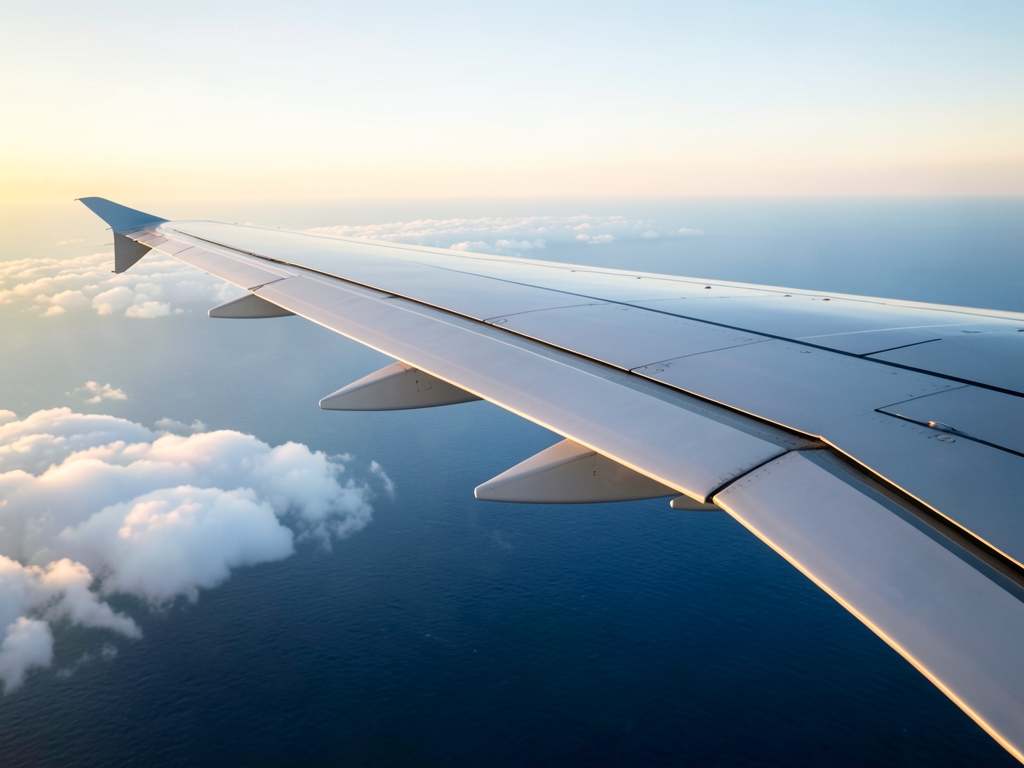 Wide angle view sleek aircraft wing slicing through soft