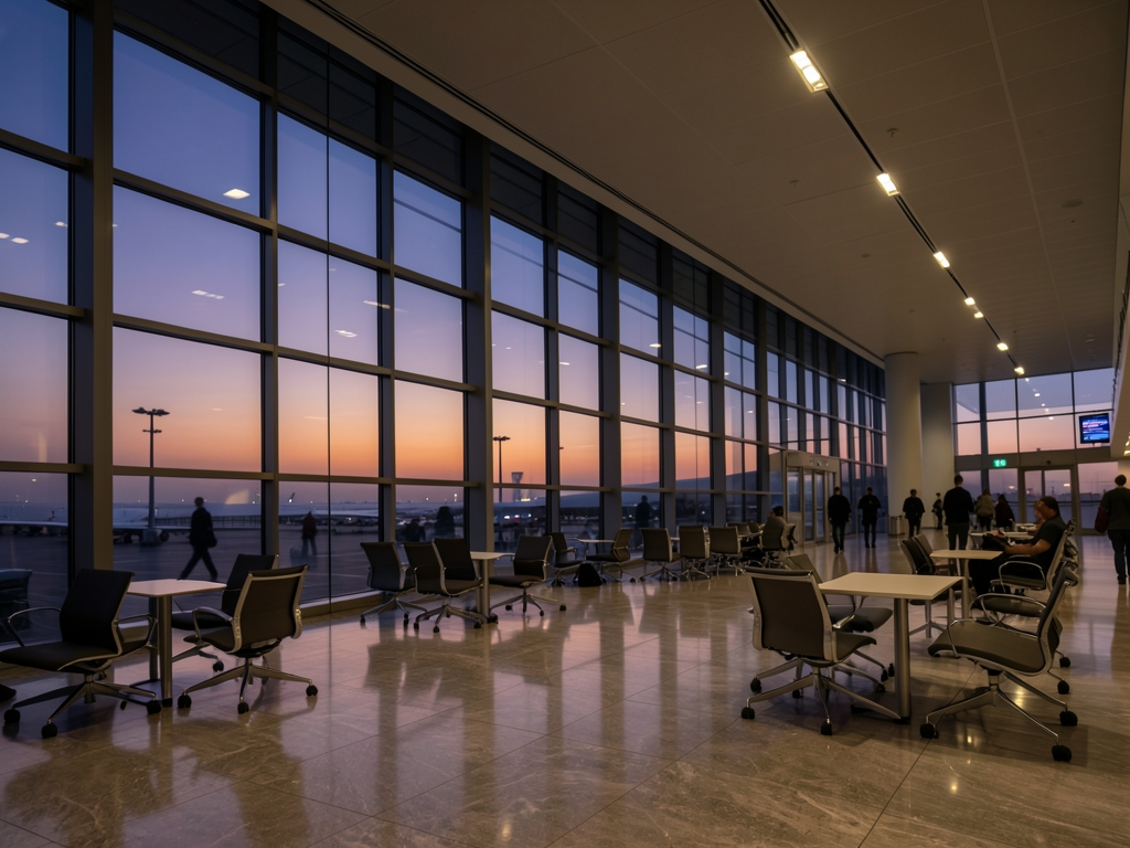 Modern airport terminal dusk with expansive glass walls