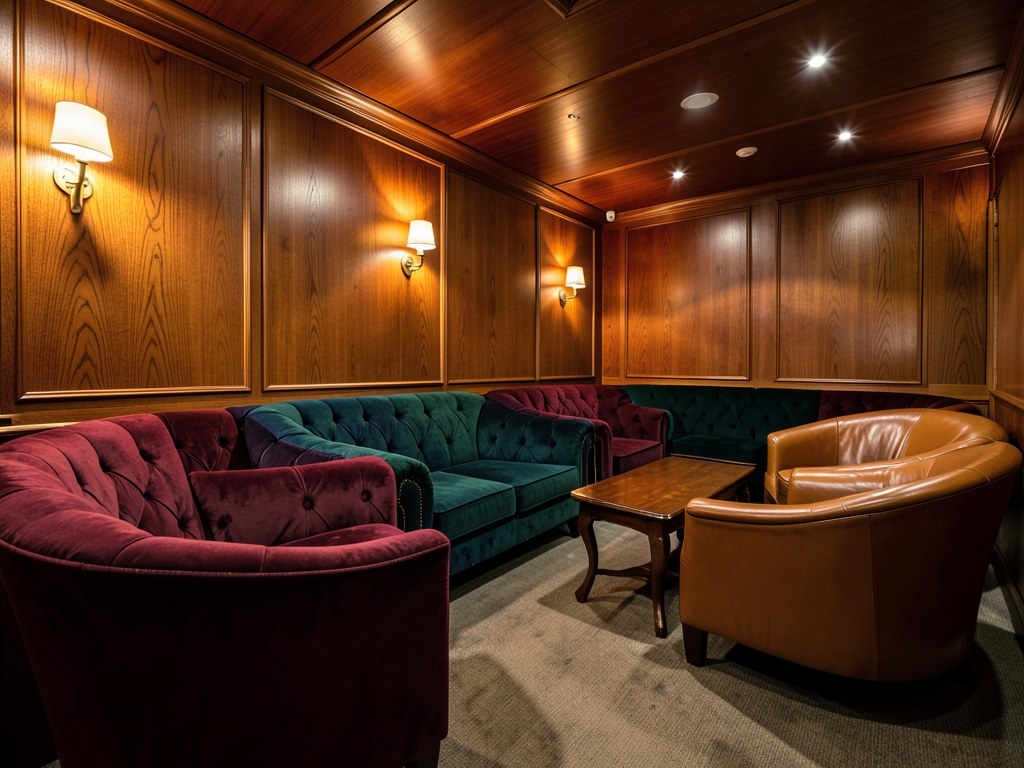 Intimate lounge interior featuring warm wood paneling plush