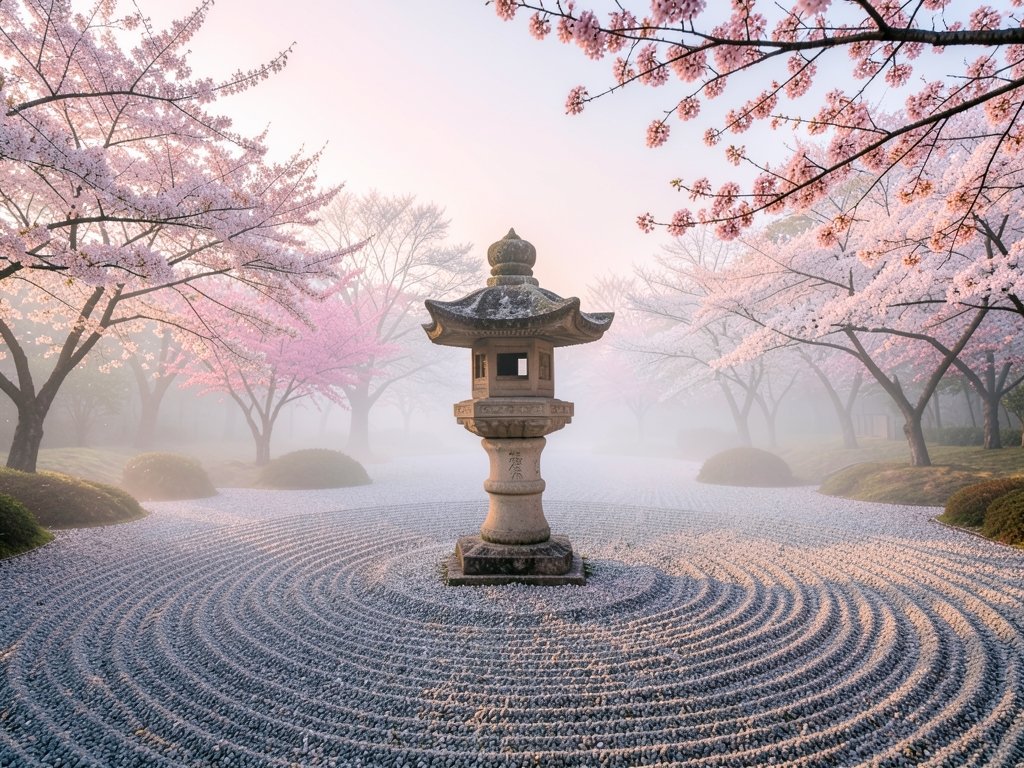 Lush Japanese garden landscape with raked gravel patterns