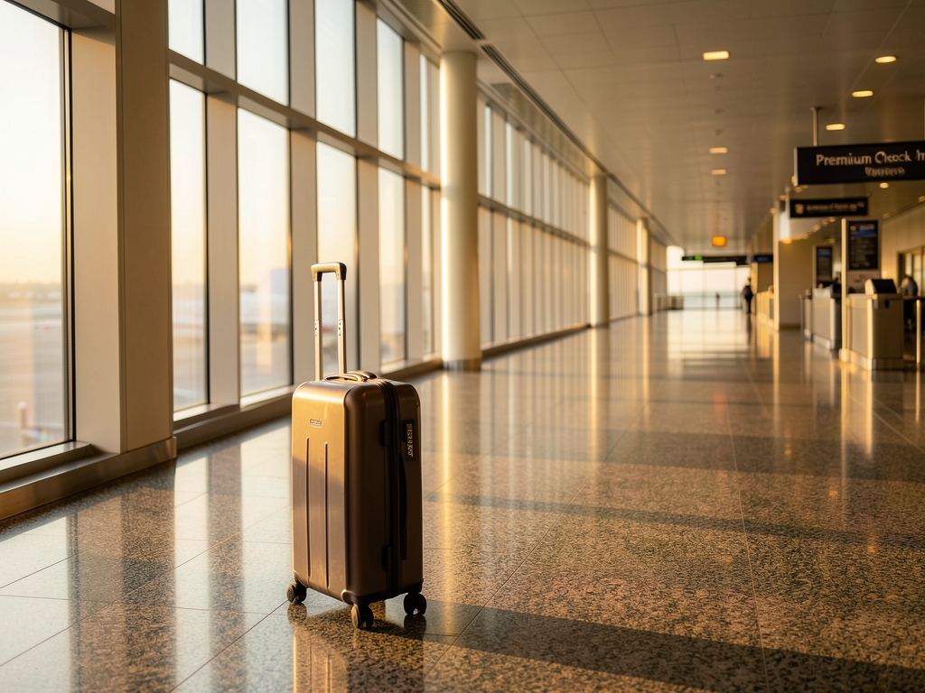 Airport corridor dawn long polished stone floor warm