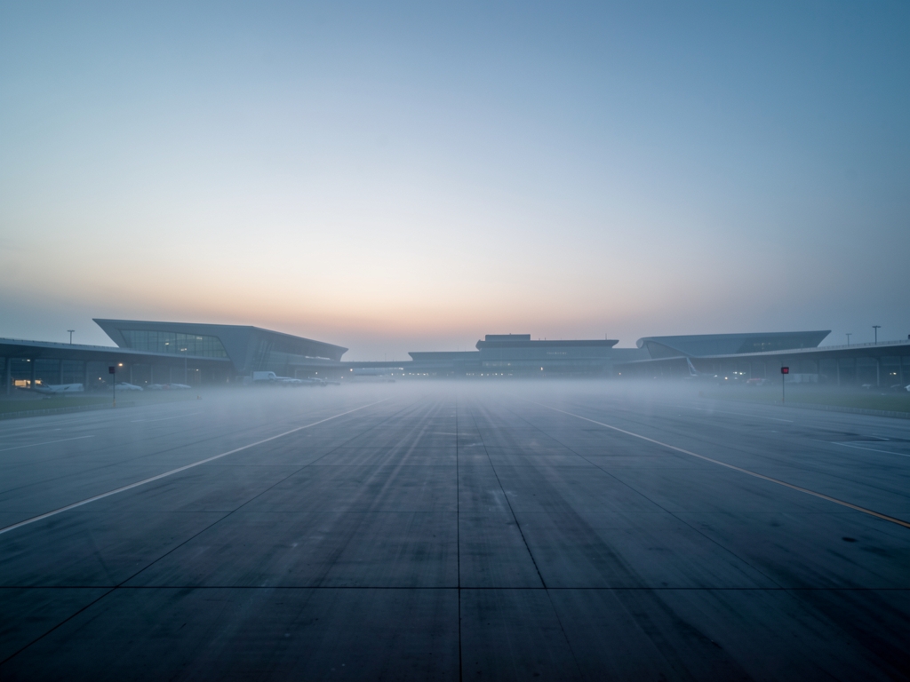pre dawn view across sprawling European airport tarmac with
