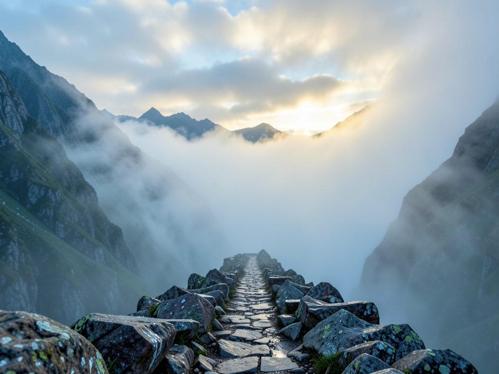 misty mountain pass dawn with narrow trail disappearing