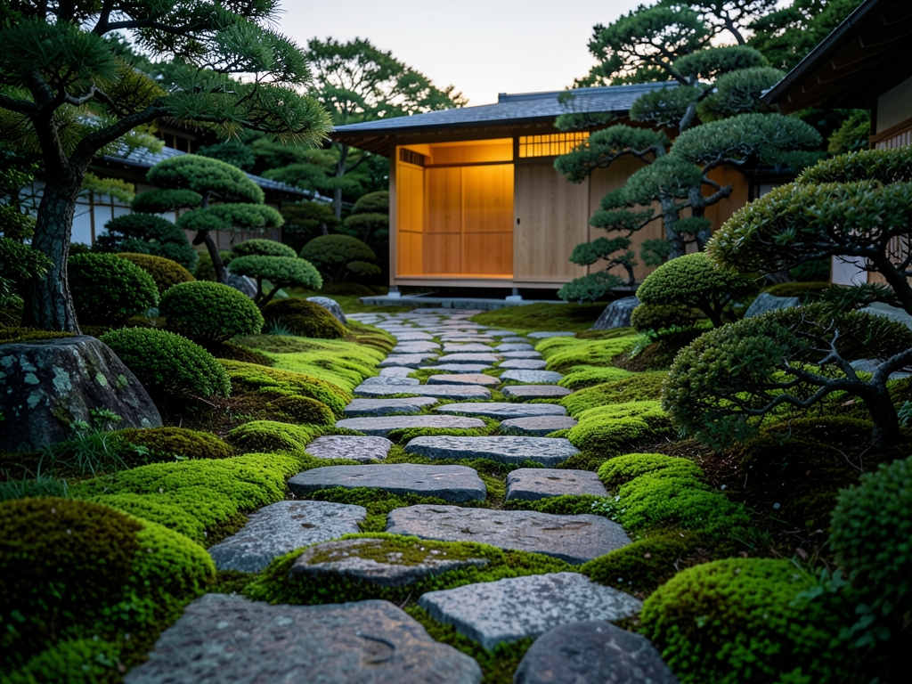 serene Japanese garden path lined with moss covered stones