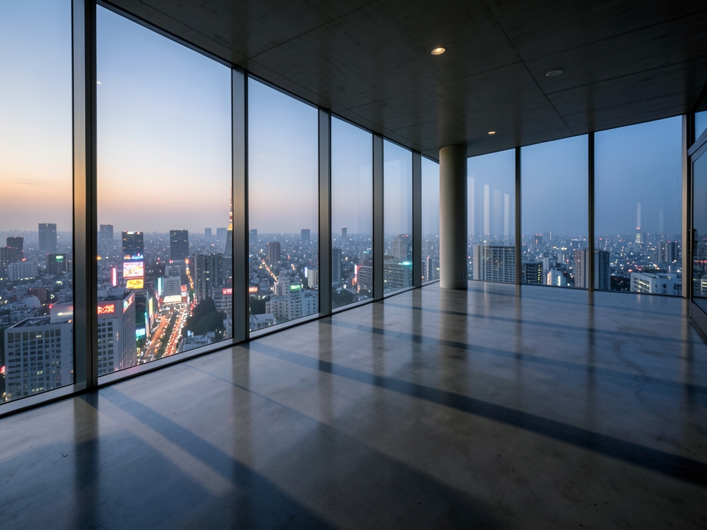 sleek glass observation deck overlooks misty Tokyo skyline