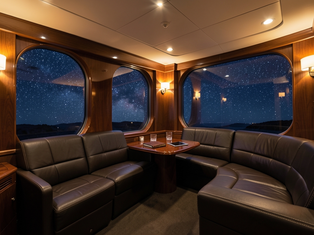 Spacious premium cabin interior bathed warm ambient twilight