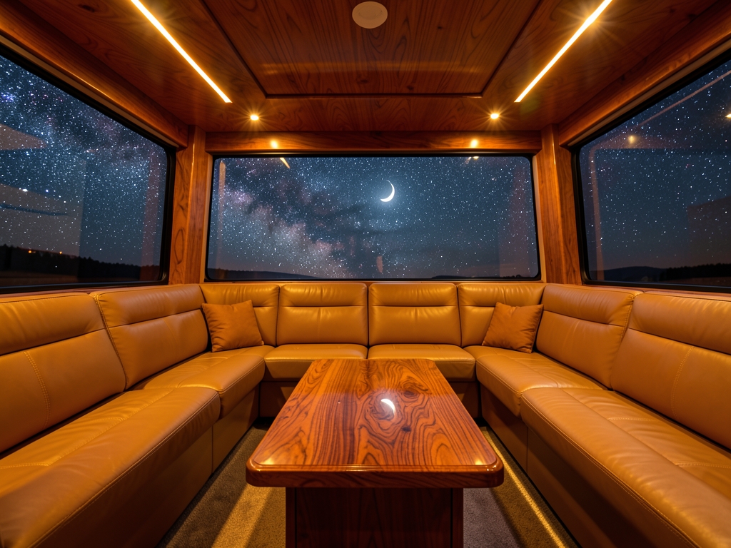 Spacious leather cabin interior bathed warm amber light