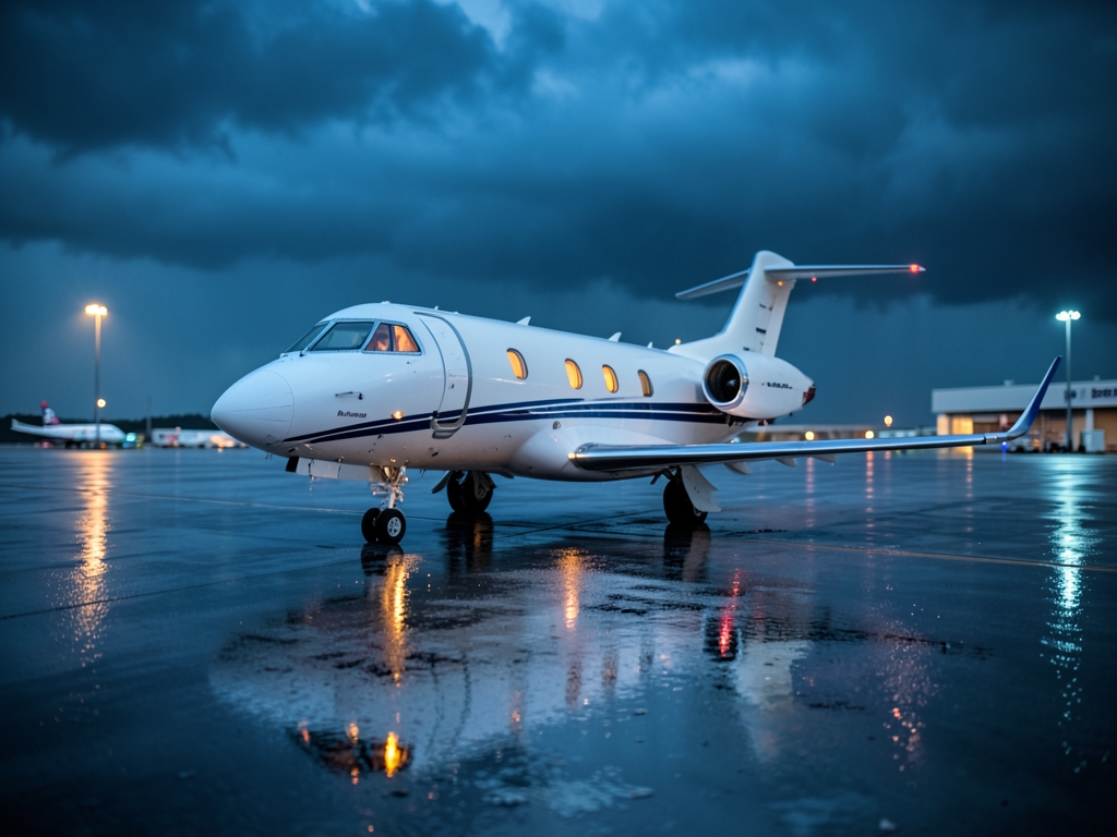 Cinematic wide shot private taxiing rain slicked tarmac under