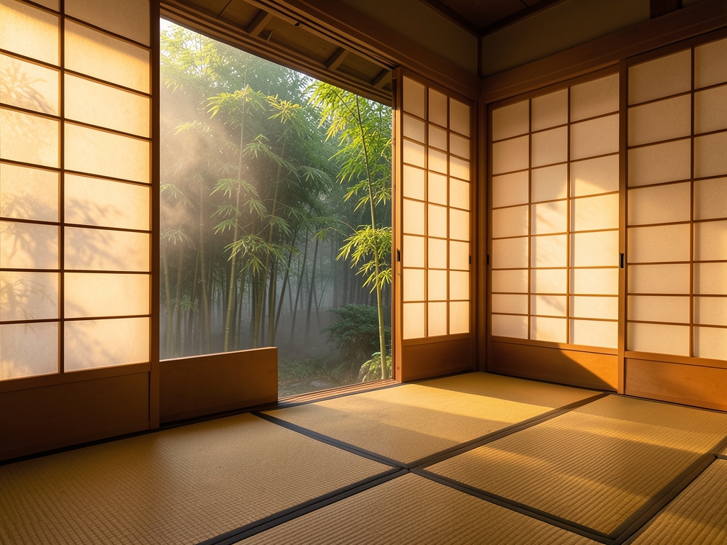 Warm golden hour light spilling over tatami mats