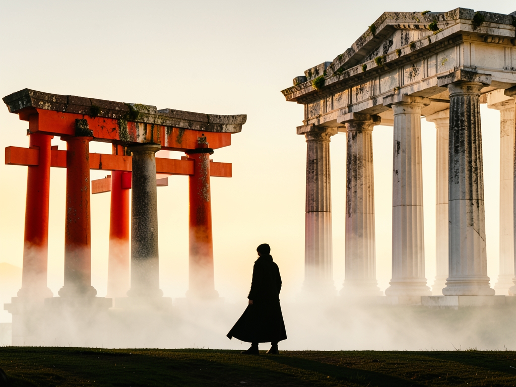 Ethereal wide shot lone traveler silhouetted against vast