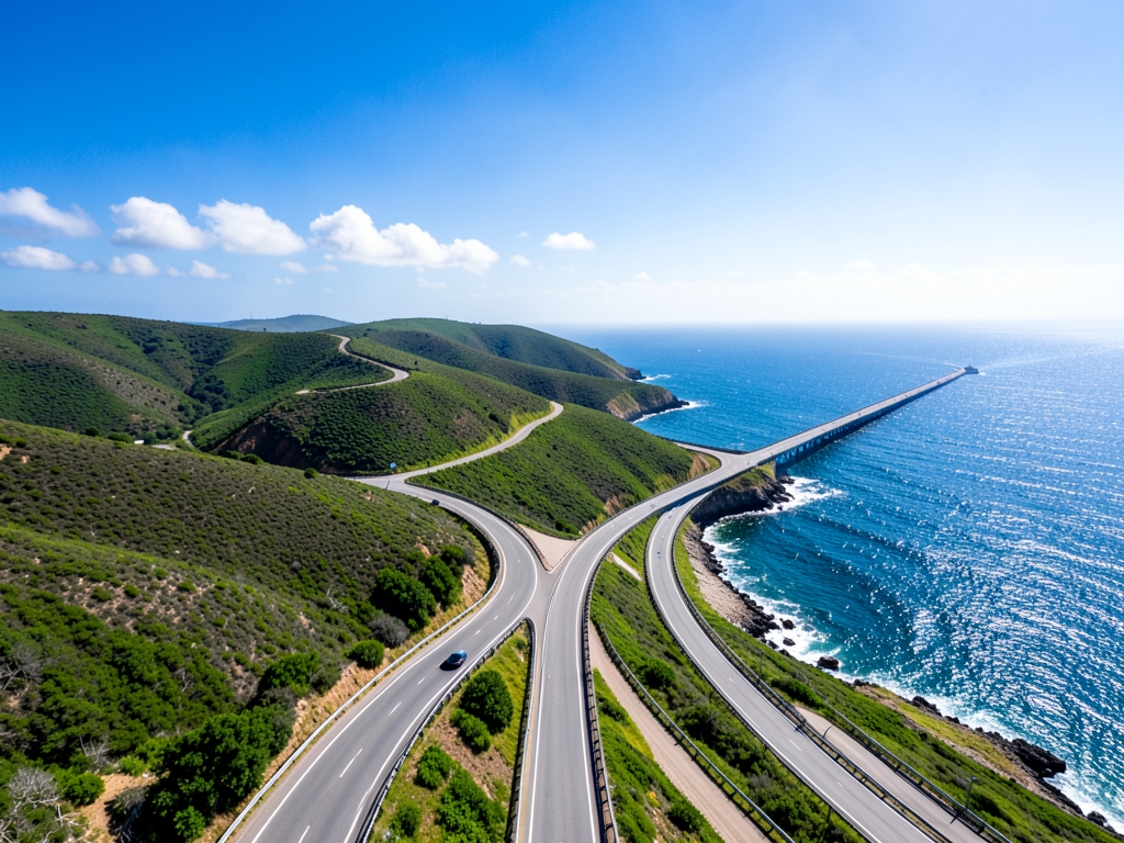Aerial view winding coastal highway splitting into diverging