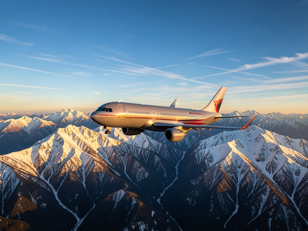 Aerial view commercial cruising over snow capped Japanese mountains