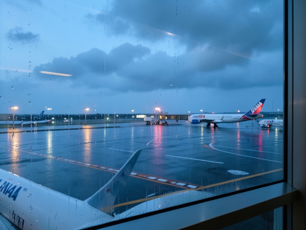 rain slicked Tokyo runway blue hour seen through terminal