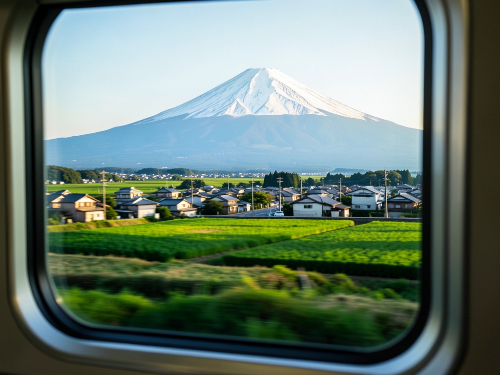 View from high speed train window Japan snow capped Mount