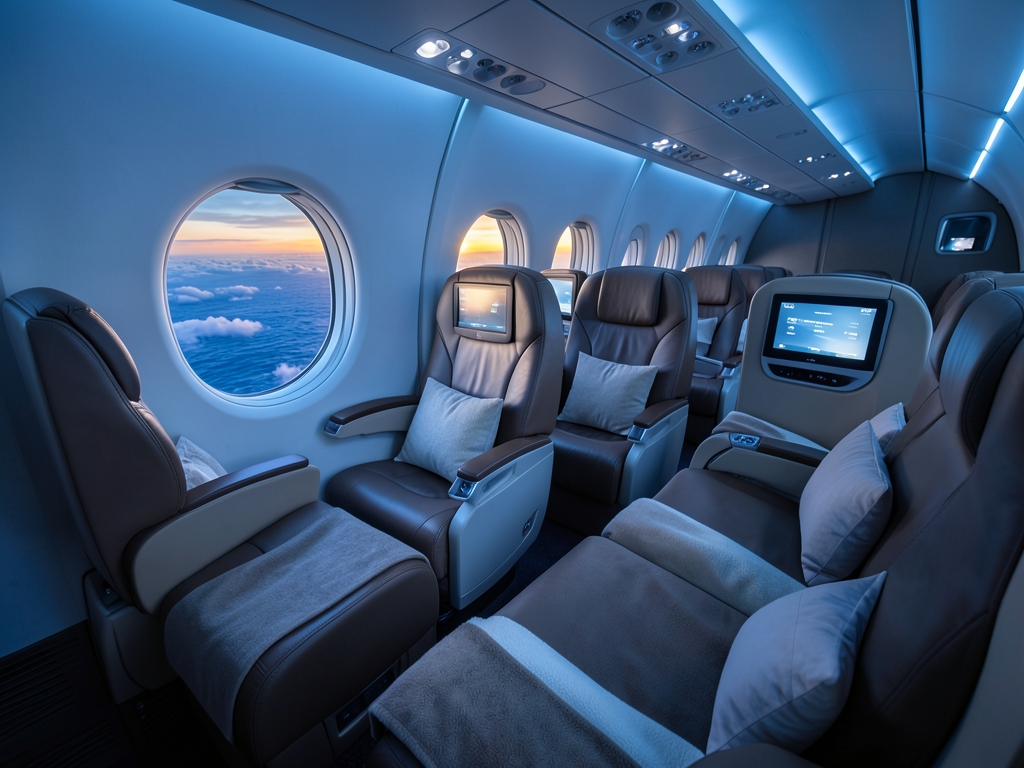 Spacious business class aircraft cabin with lie flat seats soft
