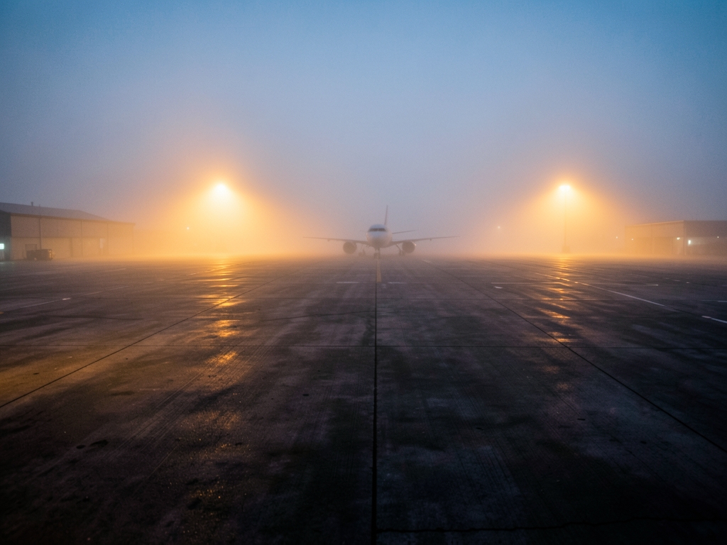 misty twilight airport tarmac seen from distance rolling