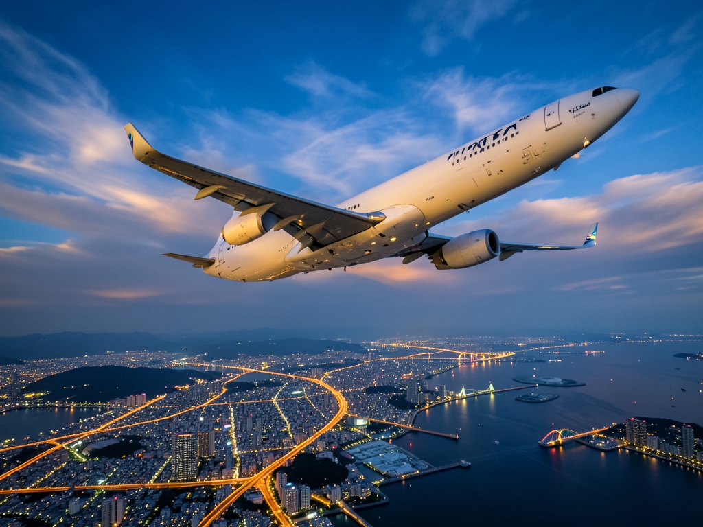 Aerial view commercial aircraft banking gracefully through soft