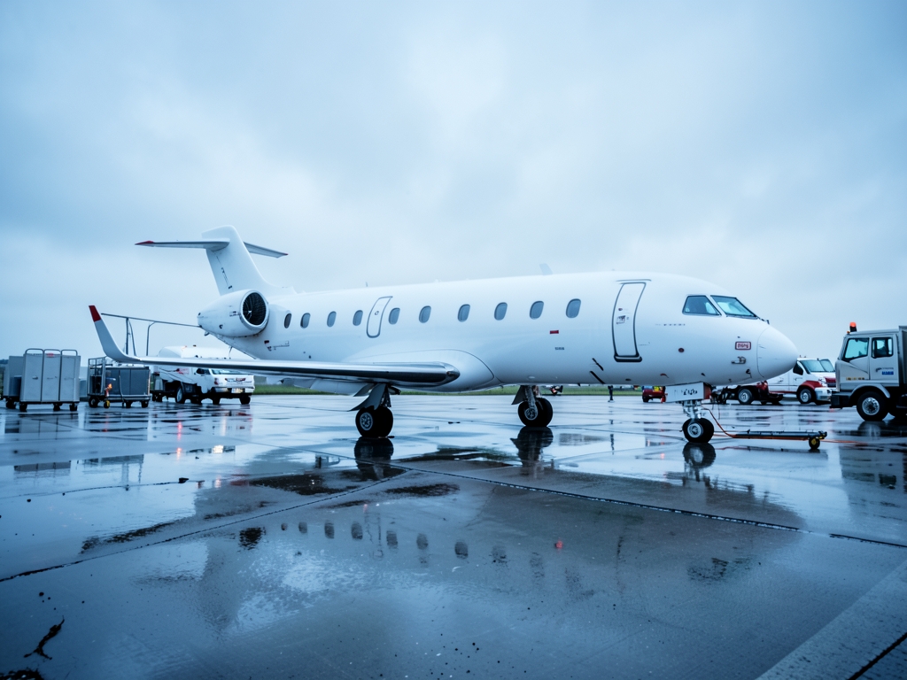 Unmarked white narrow body parked rain slicked tarmac under gray
