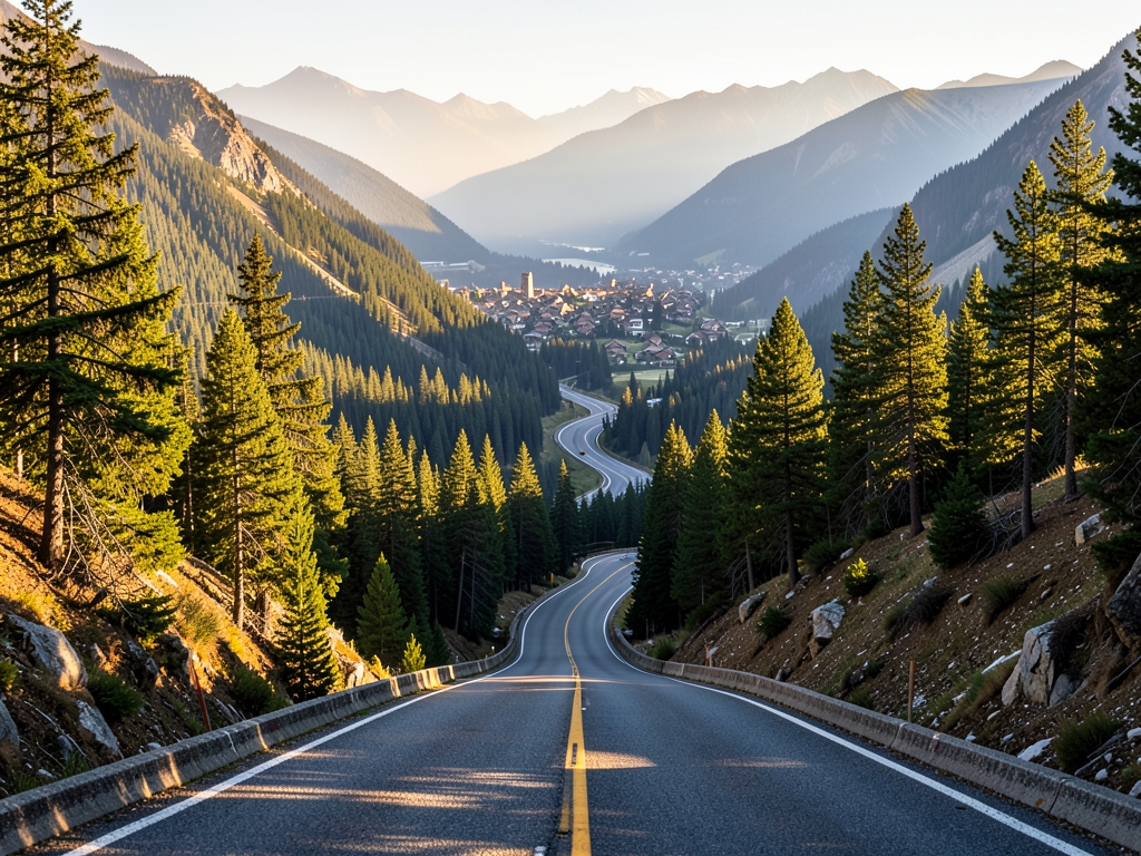 Winding mountain road through alpine valley toward distant