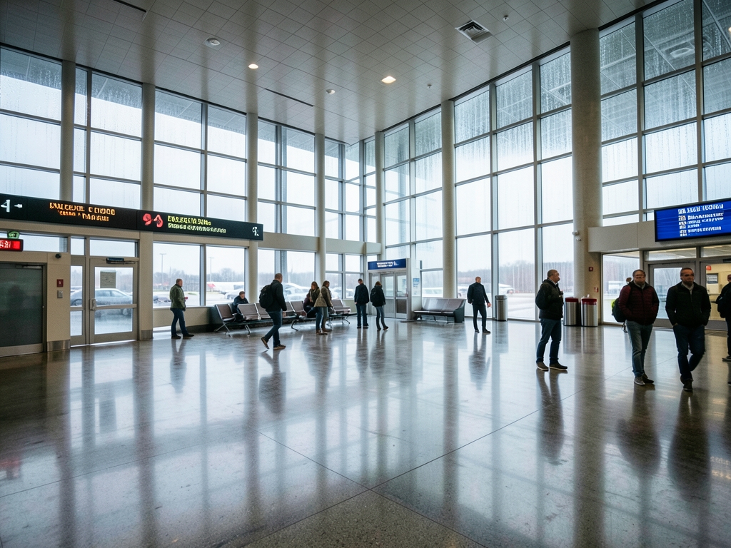 terminal interior seen from wide angle rain streaking