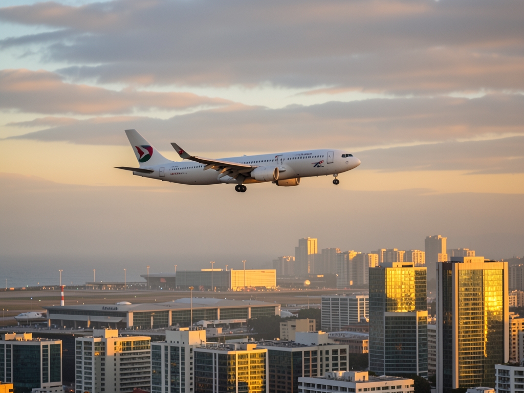 Aircraft above coastal city golden dusk distant terminal