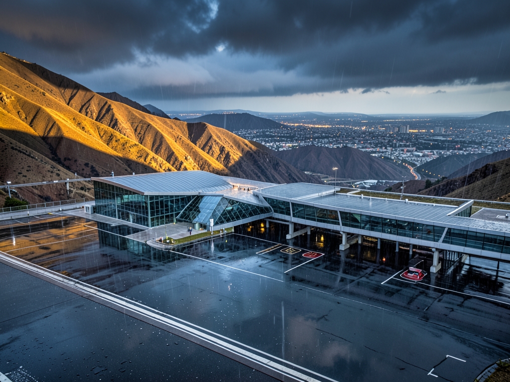 Glass and steel mountain airport nestled between golden slopes distant
