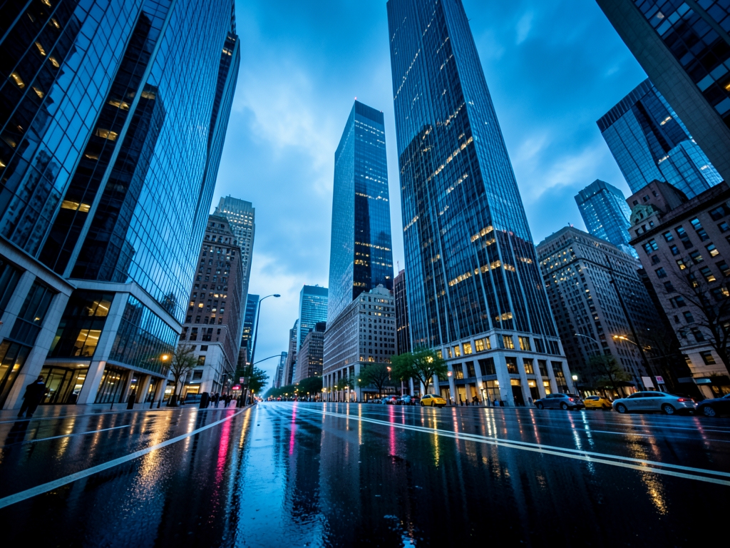 Rain slick York streets reflect glass and steel towers beneath blue