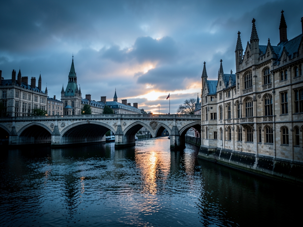 London riverside dusk with historic stone bridge gothic