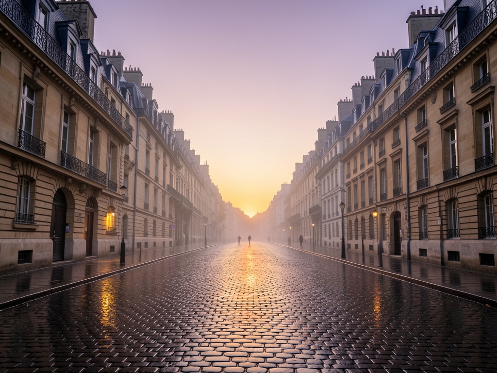 Historic Paris stone boulevard with mansard rooftops dusk