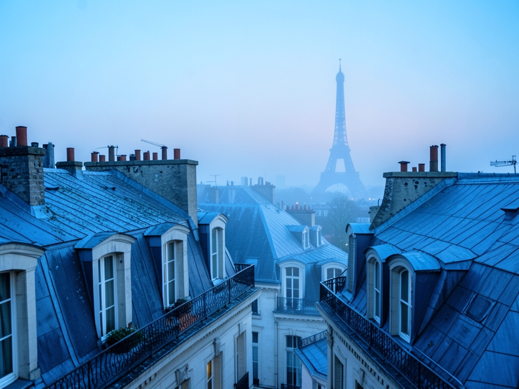 Paris rooftops misty blue dawn with elegant iron