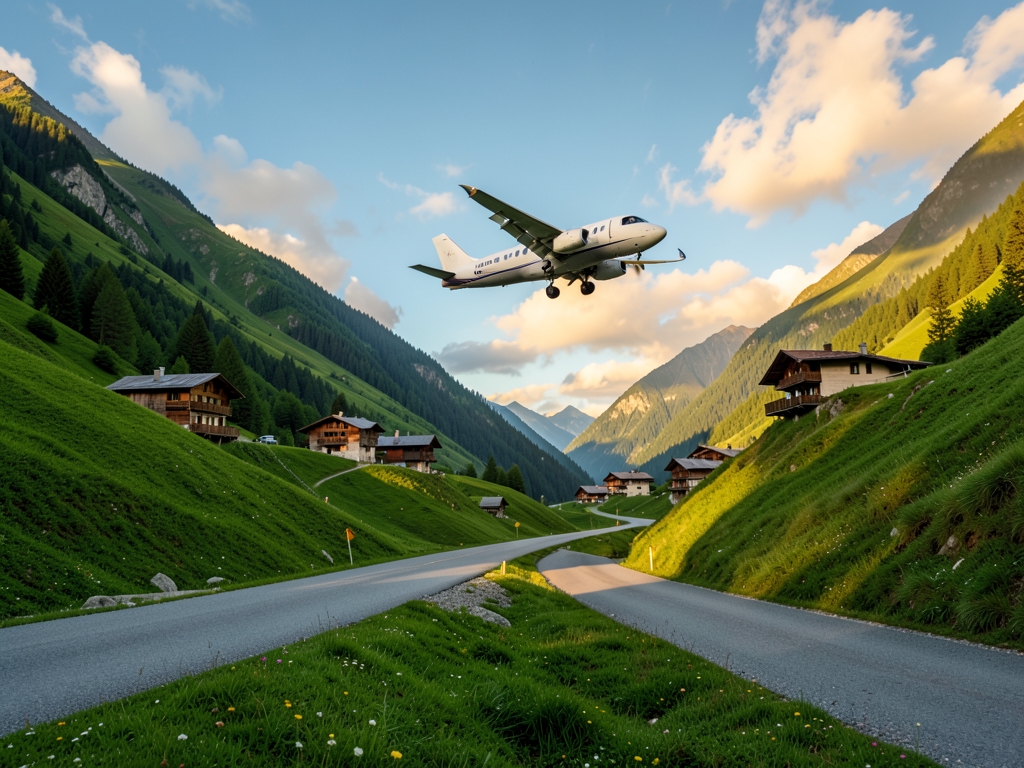 Narrow mountain valley runway approach with low flying regional