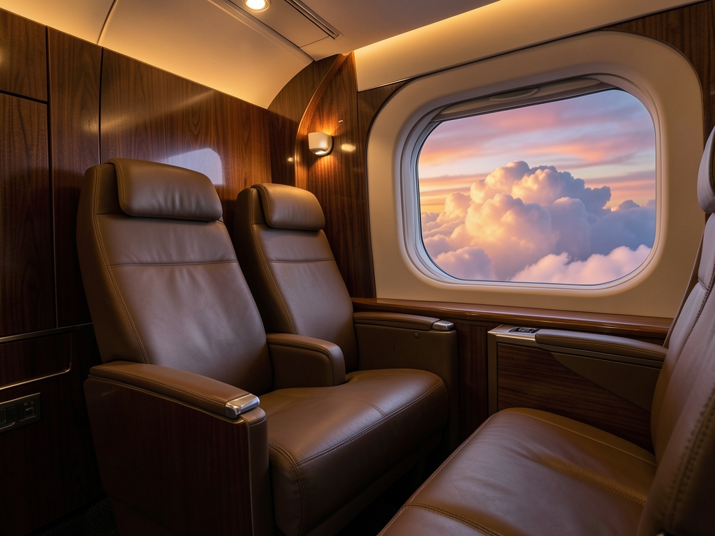Quiet business class cabin dusk with soft amber lighting