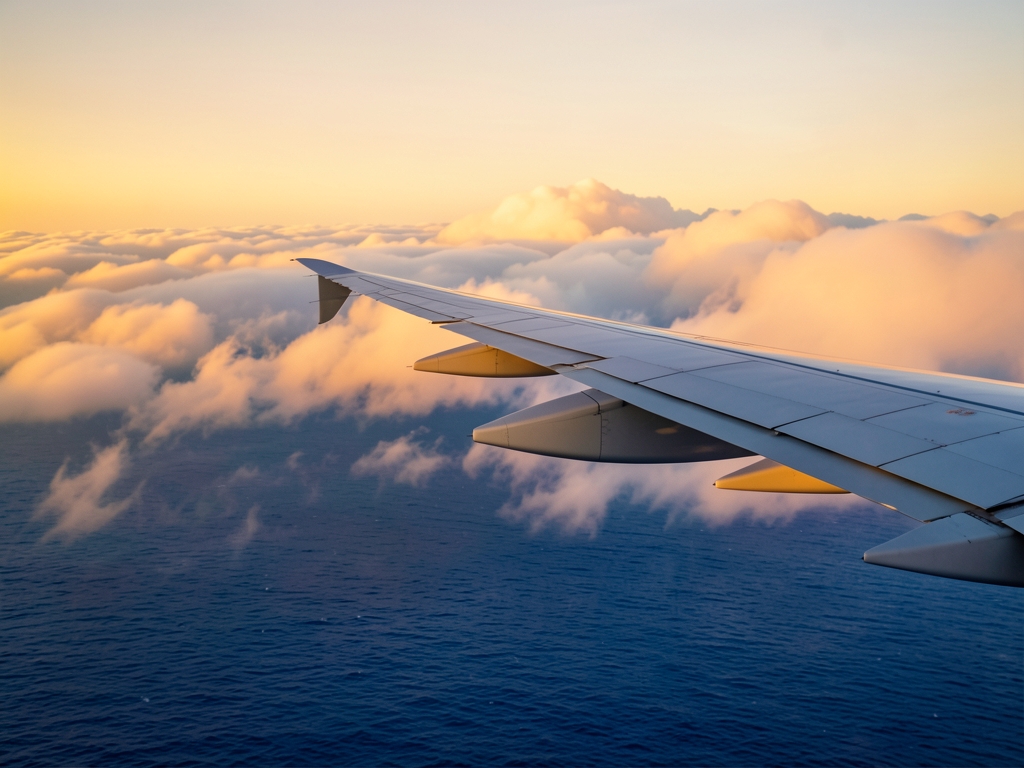 Twilight view sleek aircraft wing slicing through layers