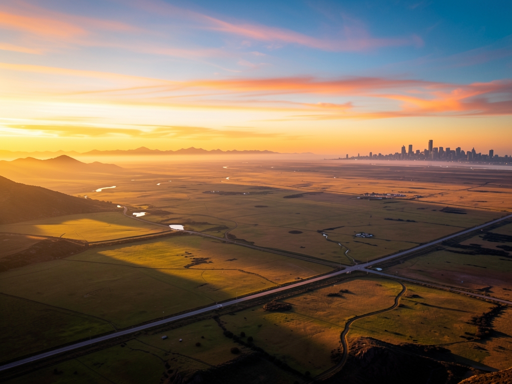 Vast American landscape stretching beneath golden sunset distant