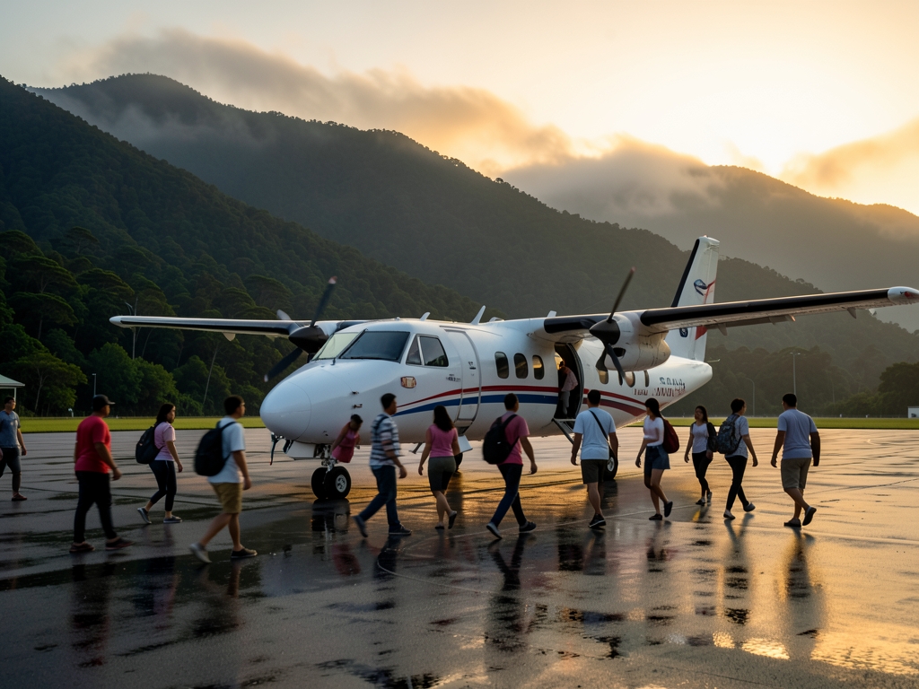 Passengers boarding light commuter plane dusk under warm