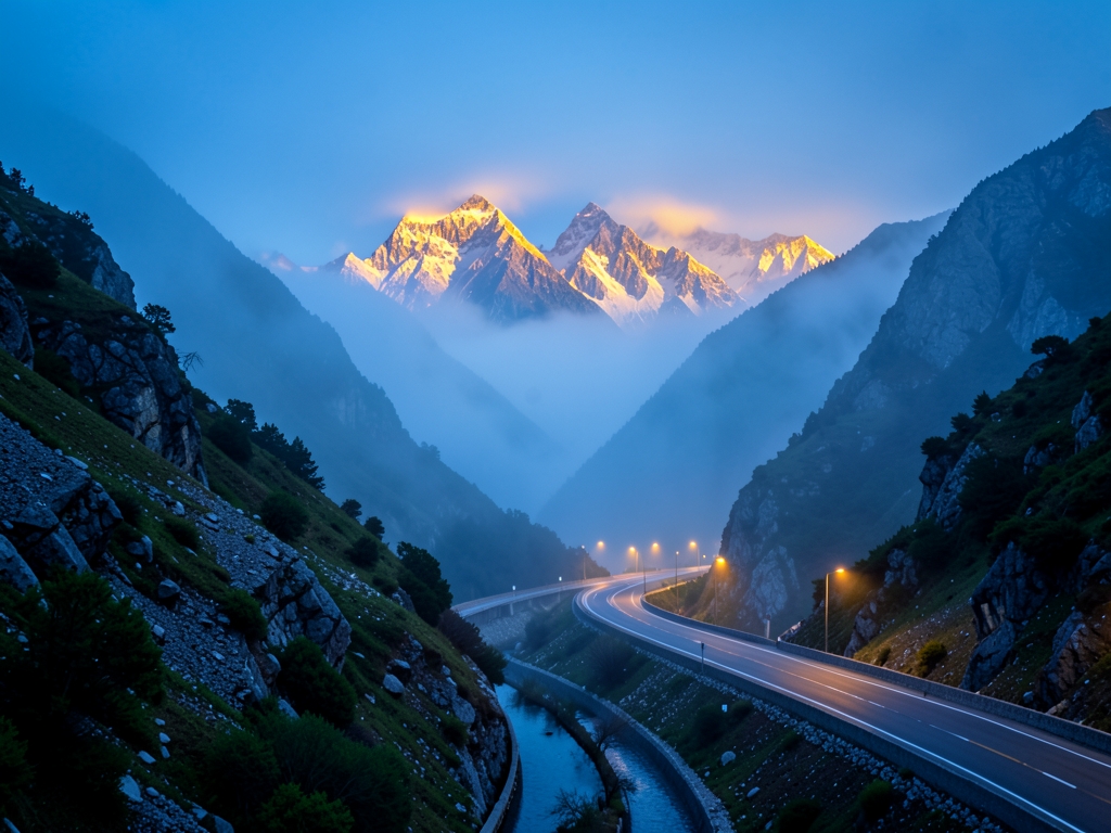Wide angle view misty mountain pass with winding road