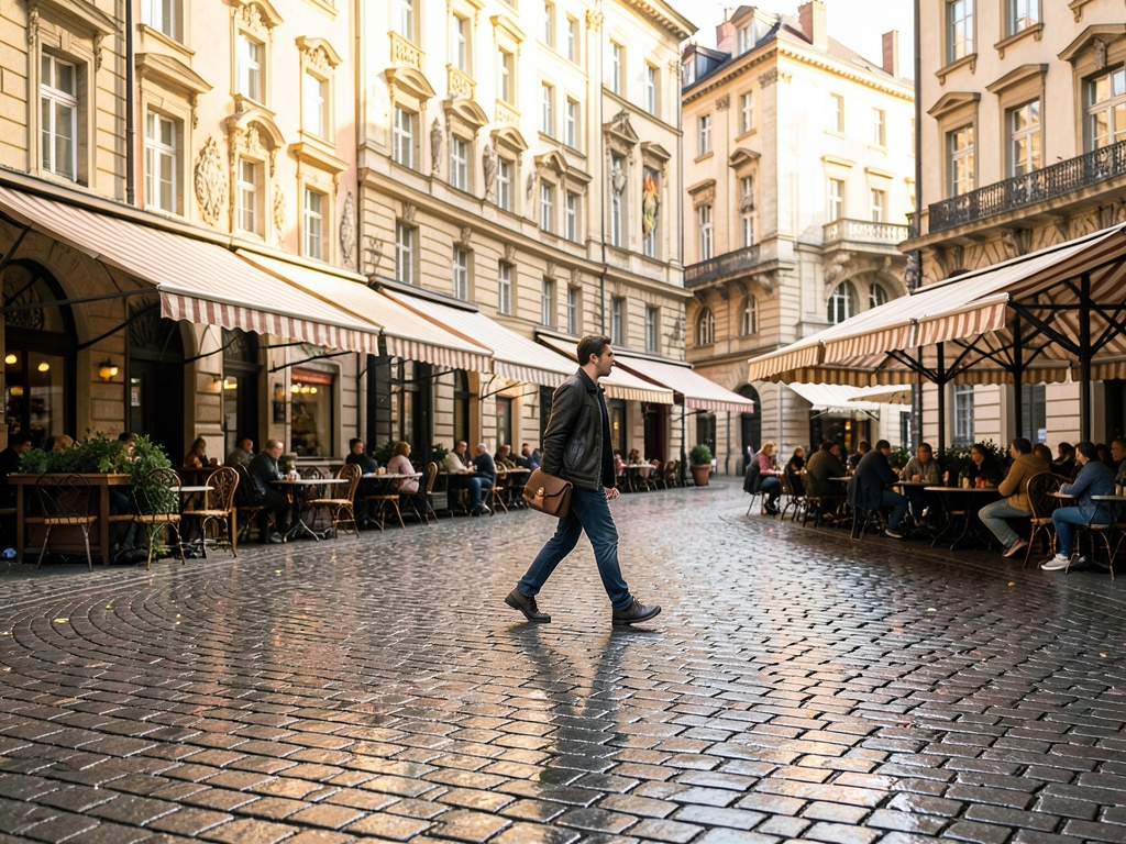 sunlit European city square early spring cobblestones still