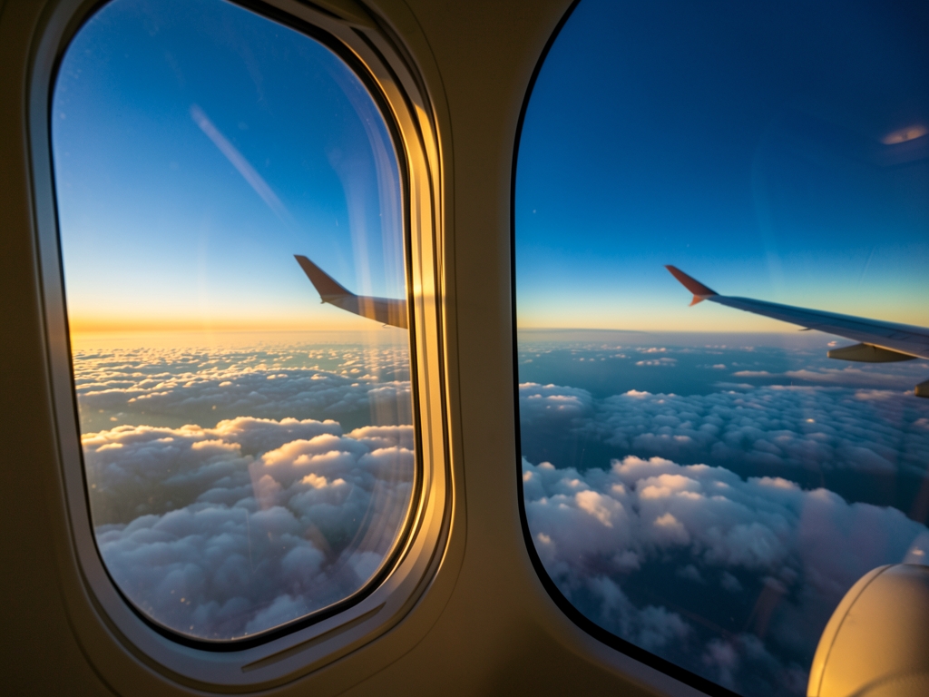 wide cabin window view above North Atlantic golden