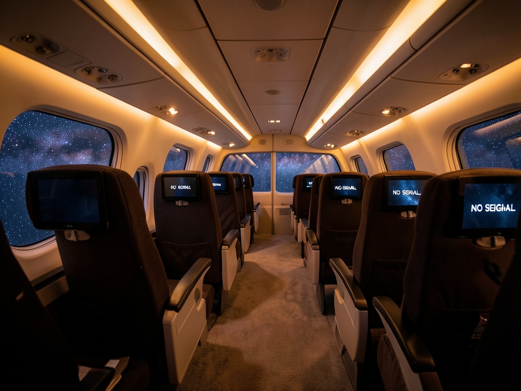 Wide body aircraft cabin night amber lighting reclined seats