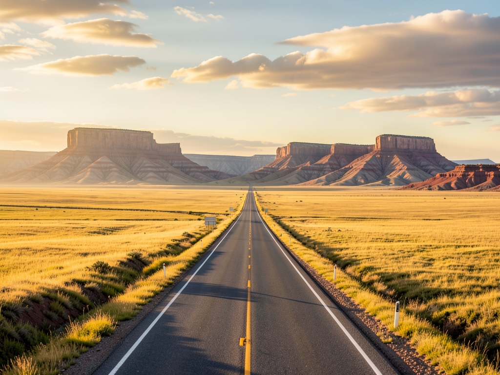 Open two lane highway crossing golden grass plains toward