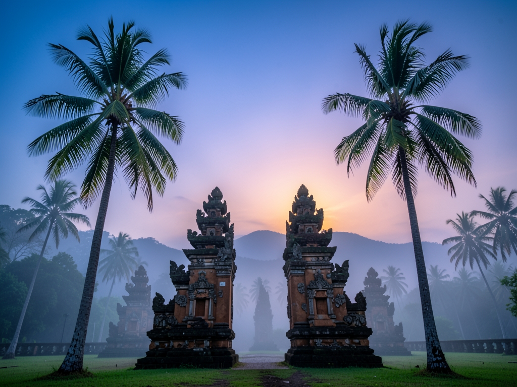 misty Balinese landscape dawn featuring traditional stone gates