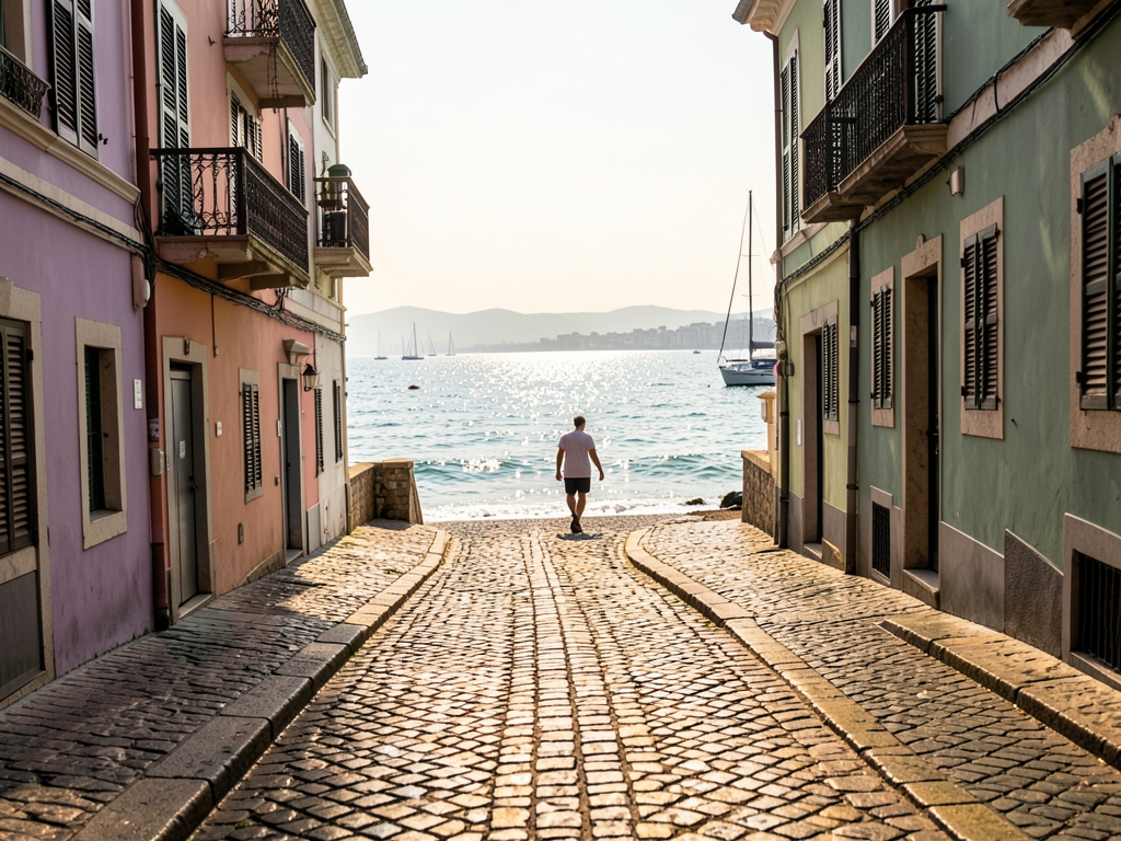 quiet coastal walk toward Barcelona s waterfront with pastel