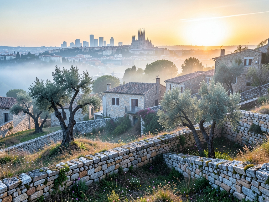 Misty dawn terraced hillside just outside Barcelona with