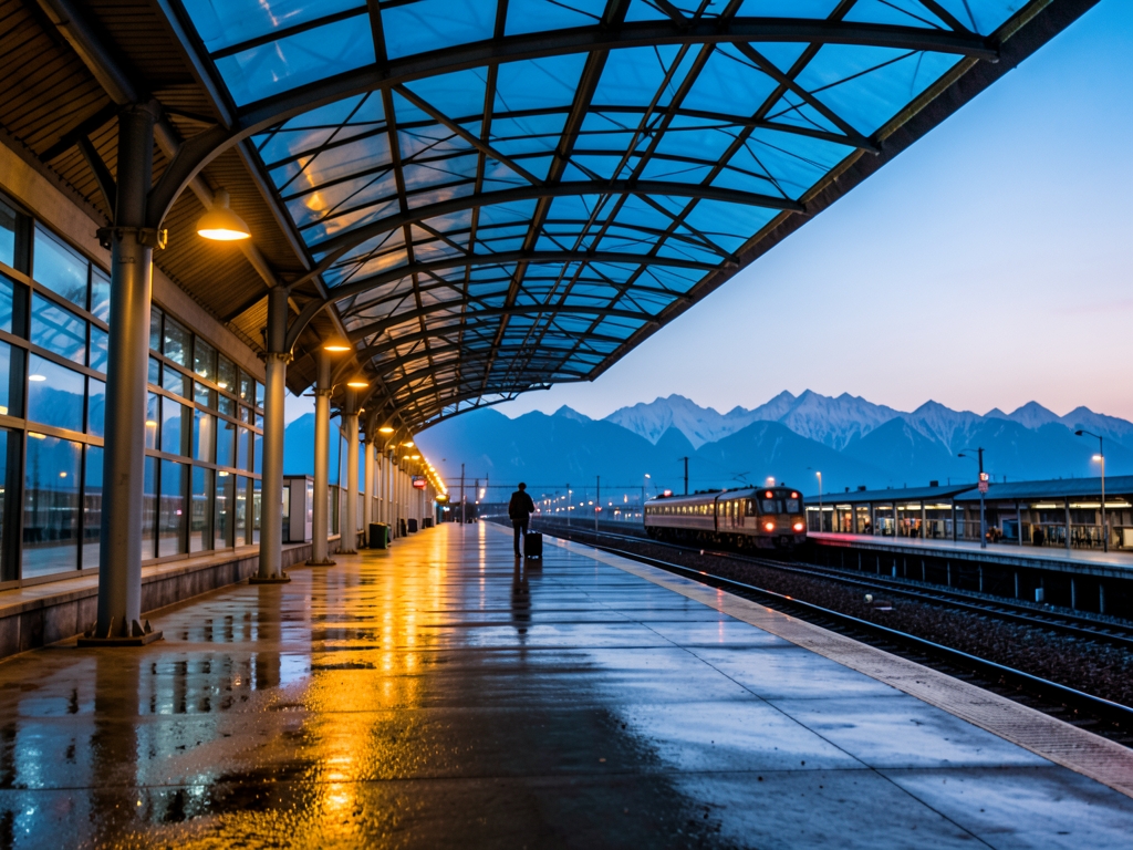 quiet platform under sweeping glass and steel canopy dusk rain slicked