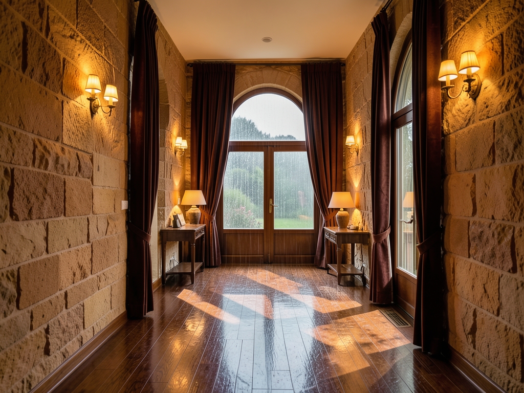 warm amber lit stone hallway countryside hotel with polished