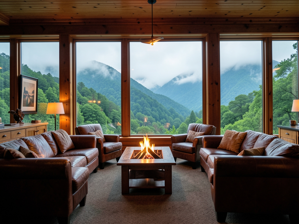 cozy Berkshire hotel lobby overlooking misty green mountains