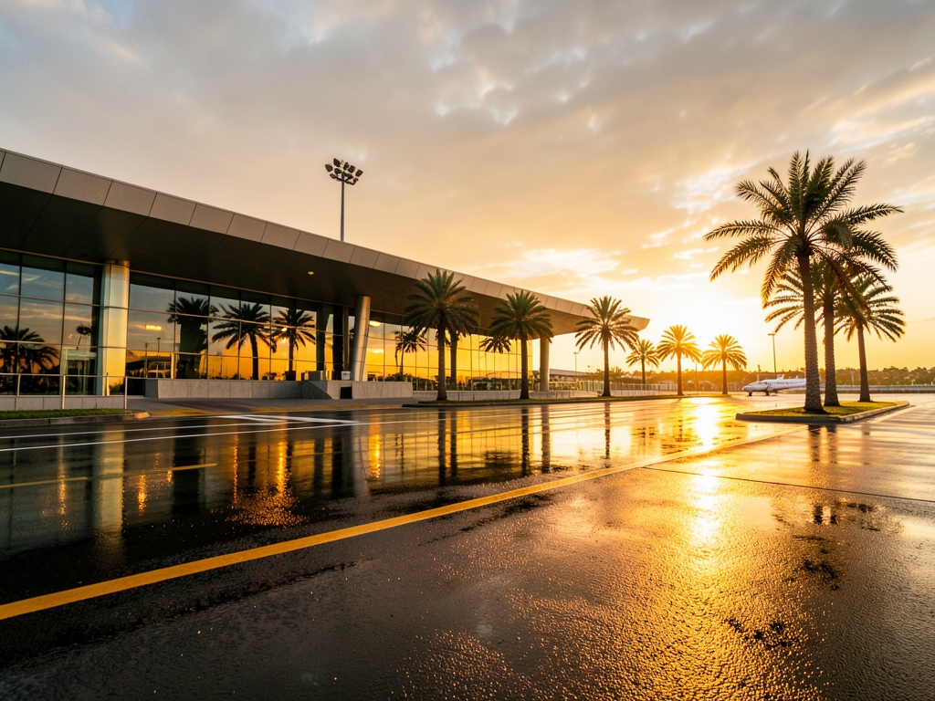 Airport runway golden sunset with palm trees modern