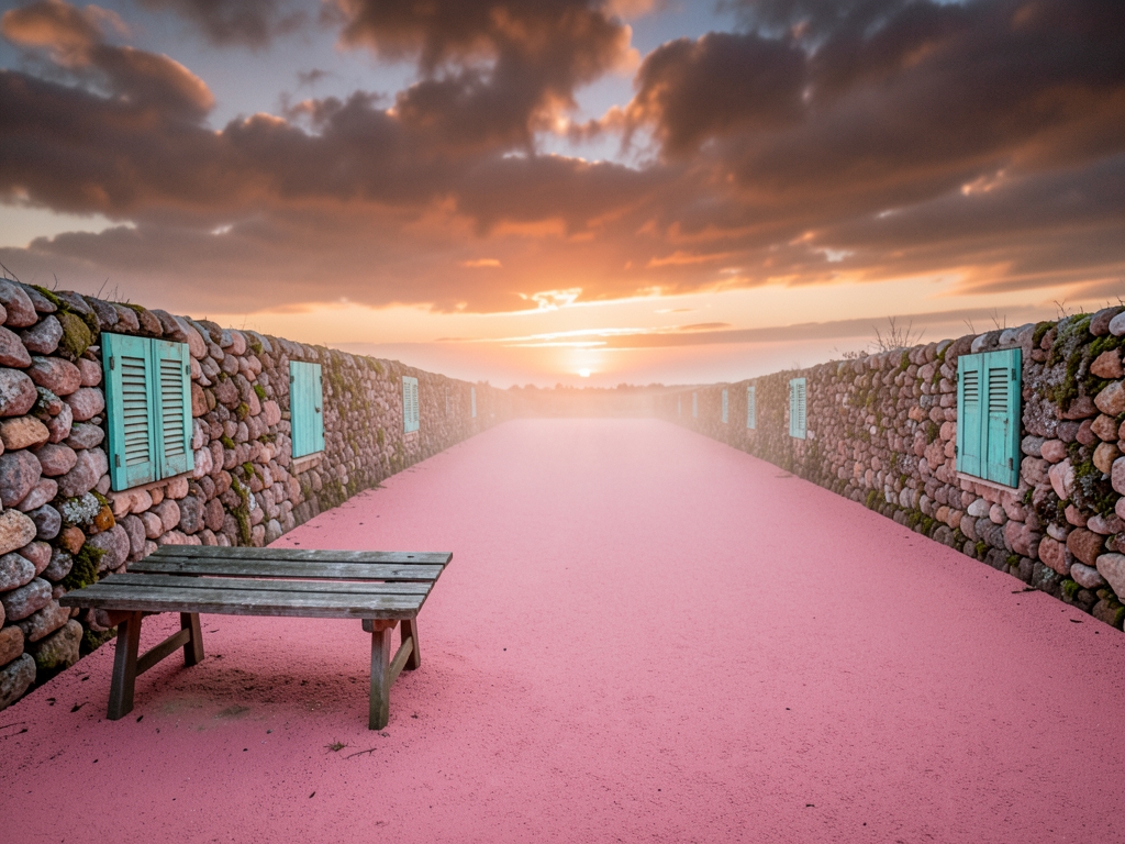 Dusk beside pink sand island airstrip coral stone walls